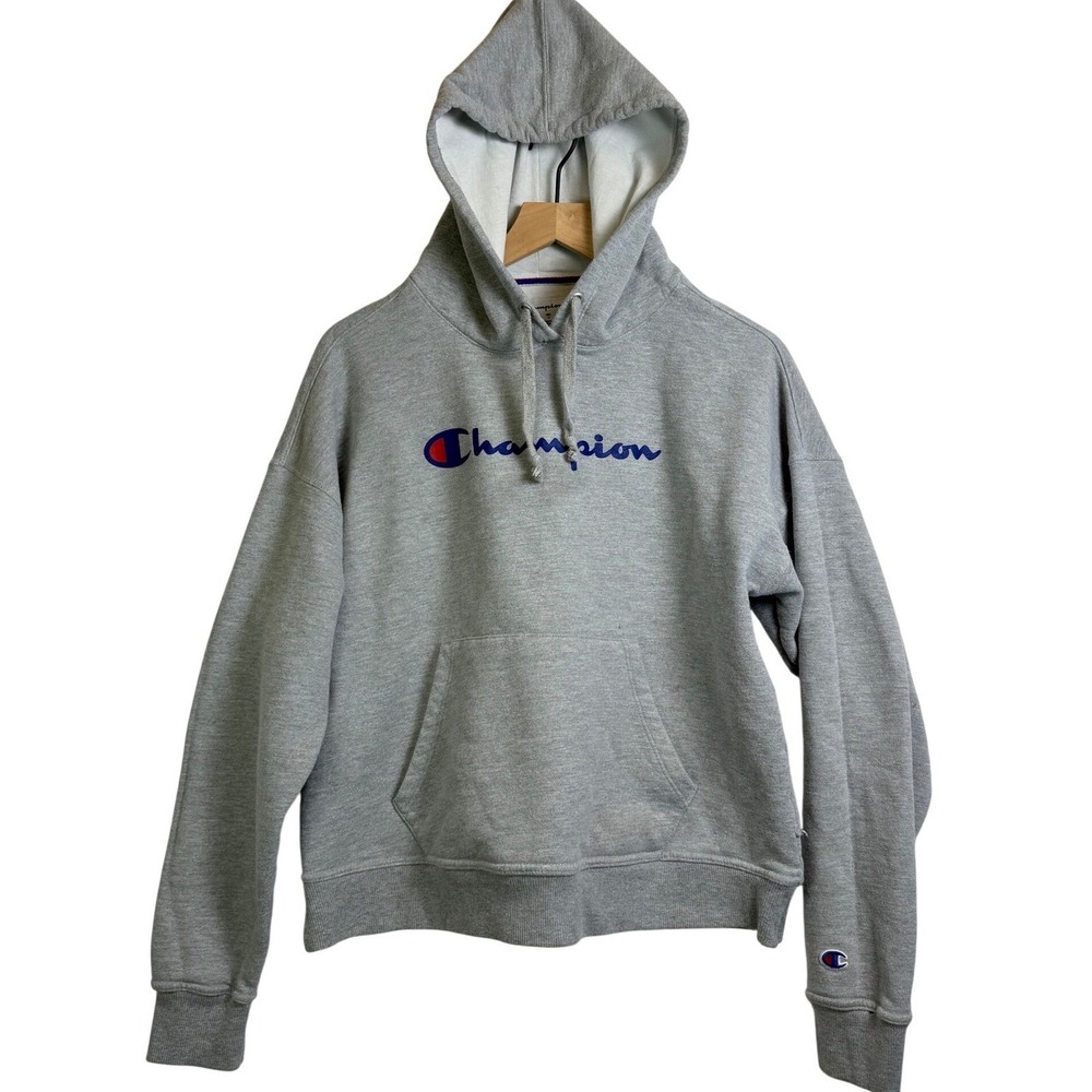 Champion Mens Gray Script Logo Fleece Hoodie Sweatshirt GF536 Size Medium